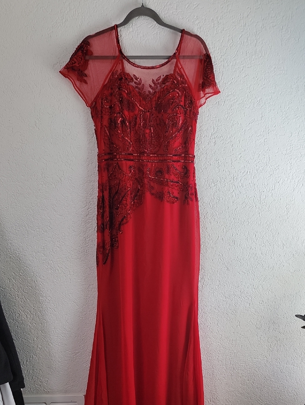 Beaded Red Long-Sleeve Evening Dress